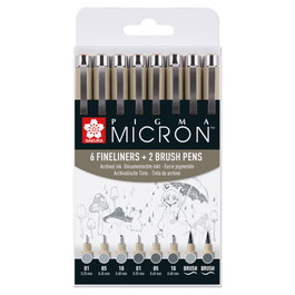 Sakura Set de puntafinas Pigma Micron, 8 rotuladores, Gris Frío Claro y Gris Frío